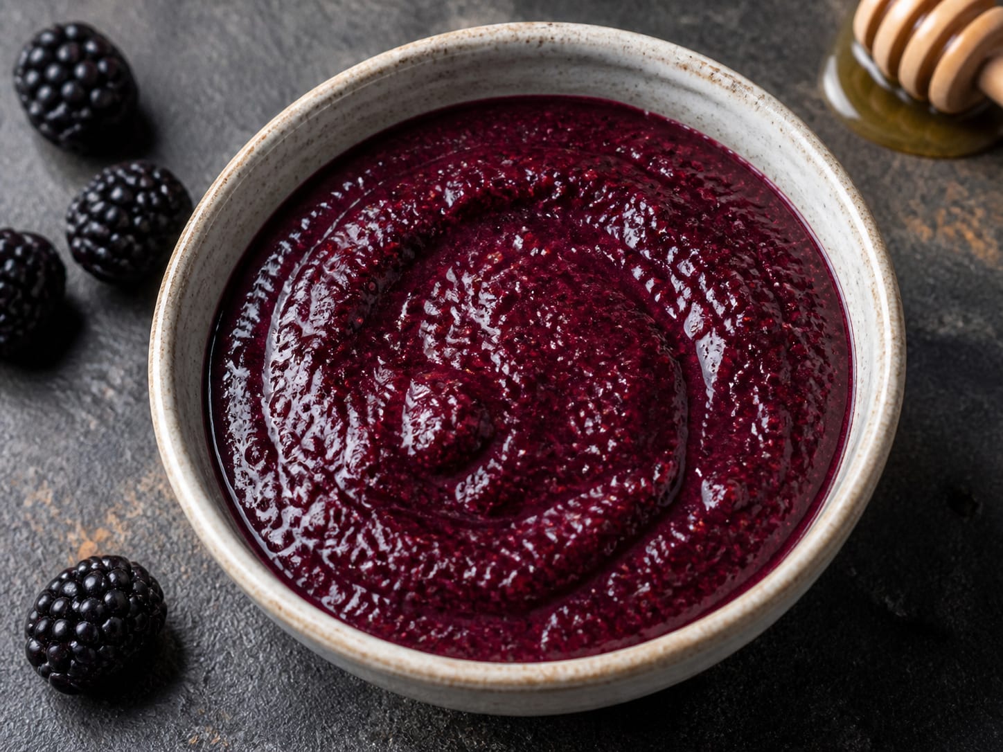 Ein Löffel zeichnet eine Spur durch glänzende tiefviolette Brombeersauce in einer kleinen Pfanne