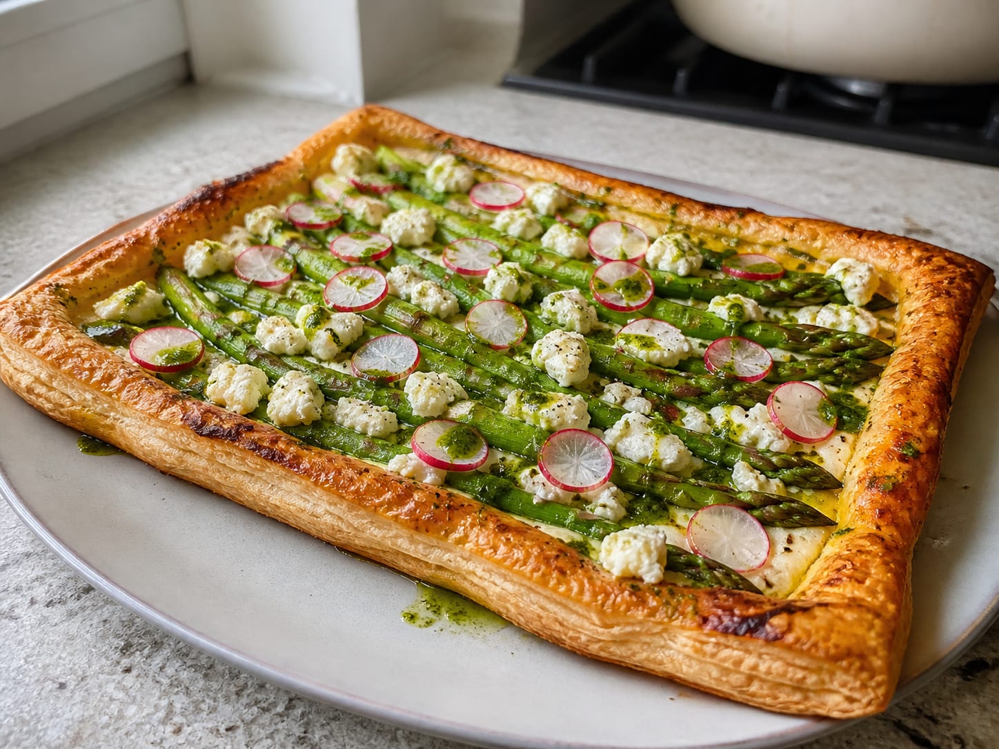 Blätterteigtarte mit grünem Spargel, Feta und Radieschen-Öl, plated for serving