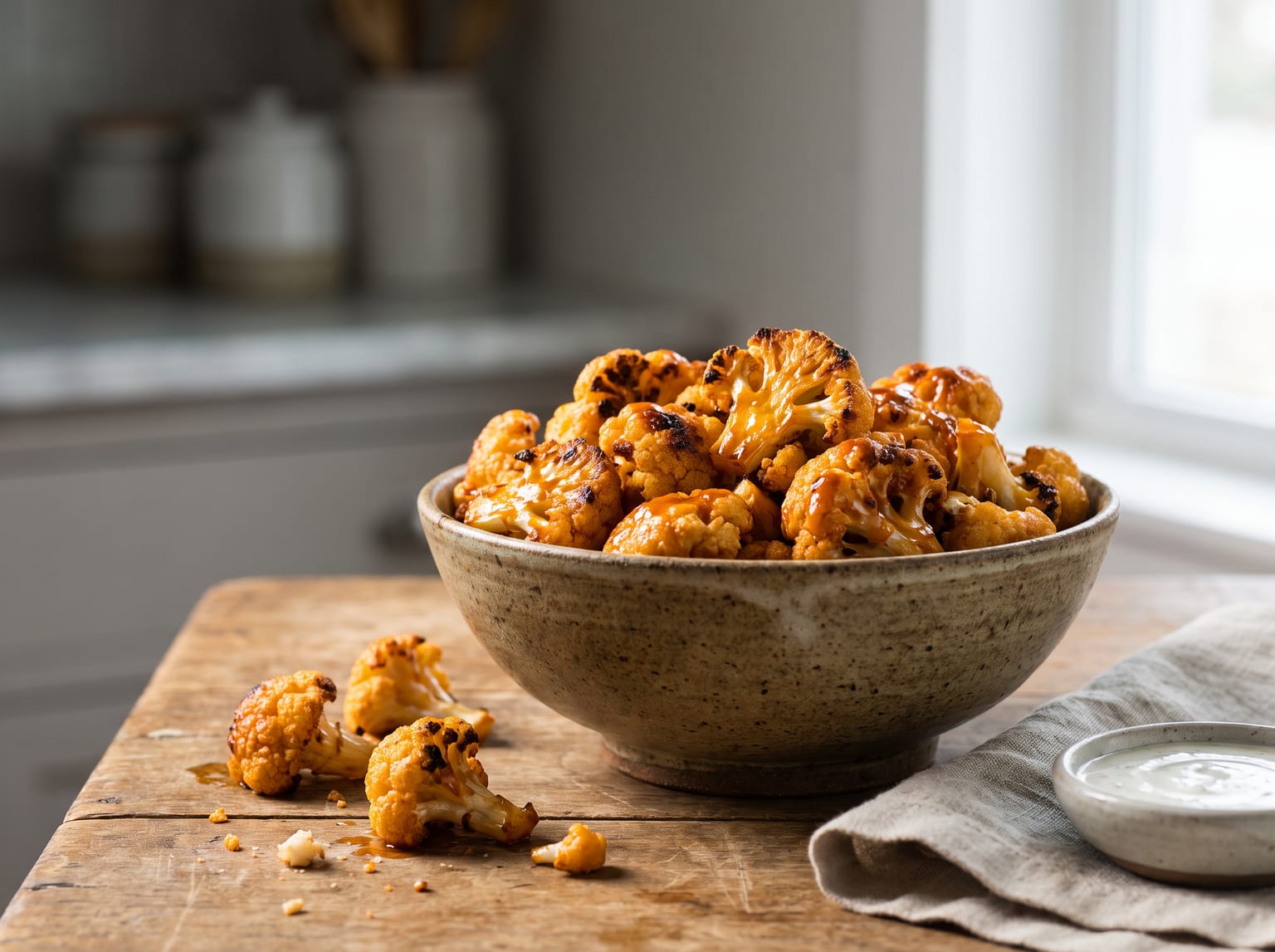 A bowl of crispy buffalo cauliflower florets with a small dip alongside