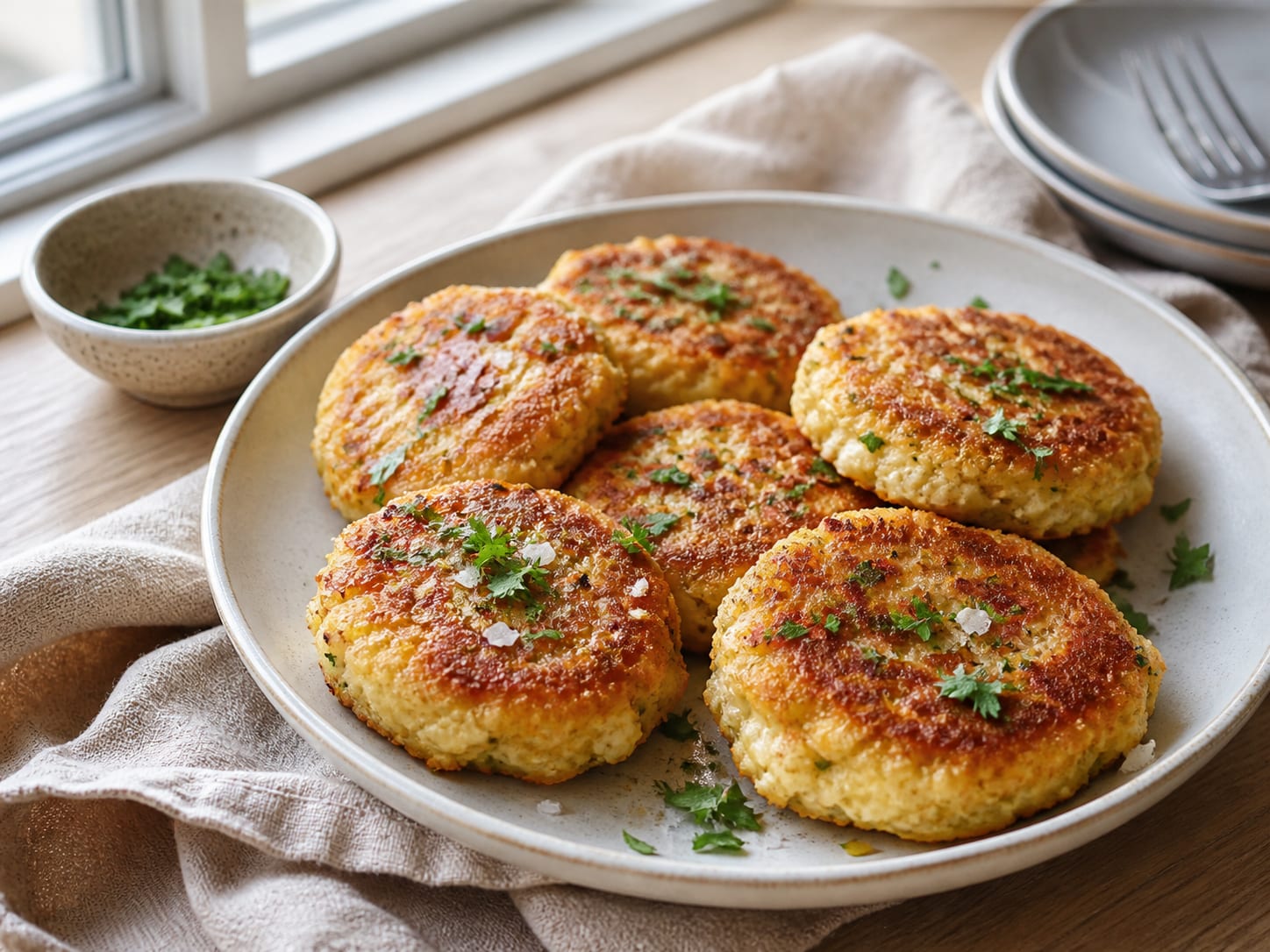 Blumenkohl-Käse-Patties, plated for serving