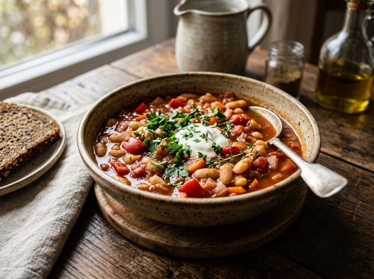 Bean and tomato stew in a rustic bowl with sour cream and fresh herbs