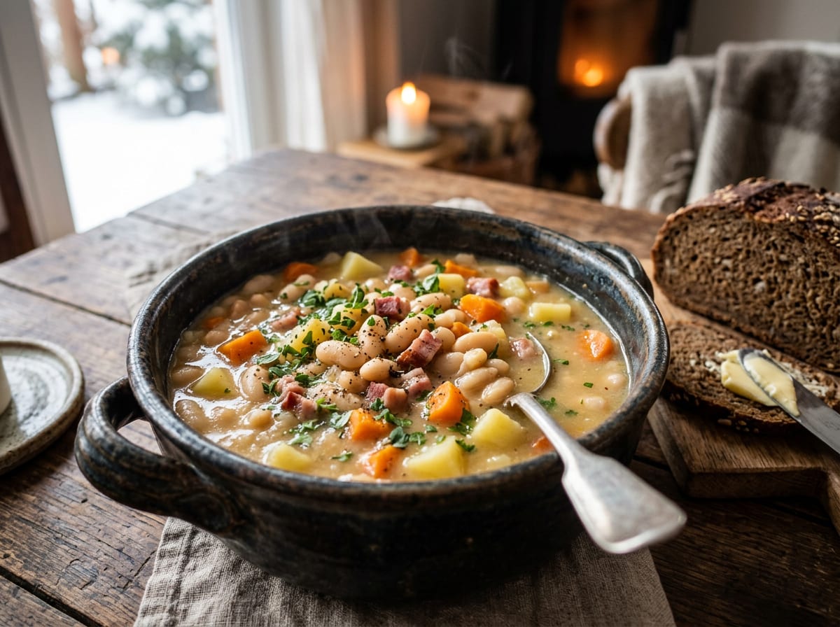 A deep bowl of hearty German white bean stew with diced carrot, potato and small pieces of smoked bacon in a thick pale broth, scattered with chopped savory, dark bread beside it