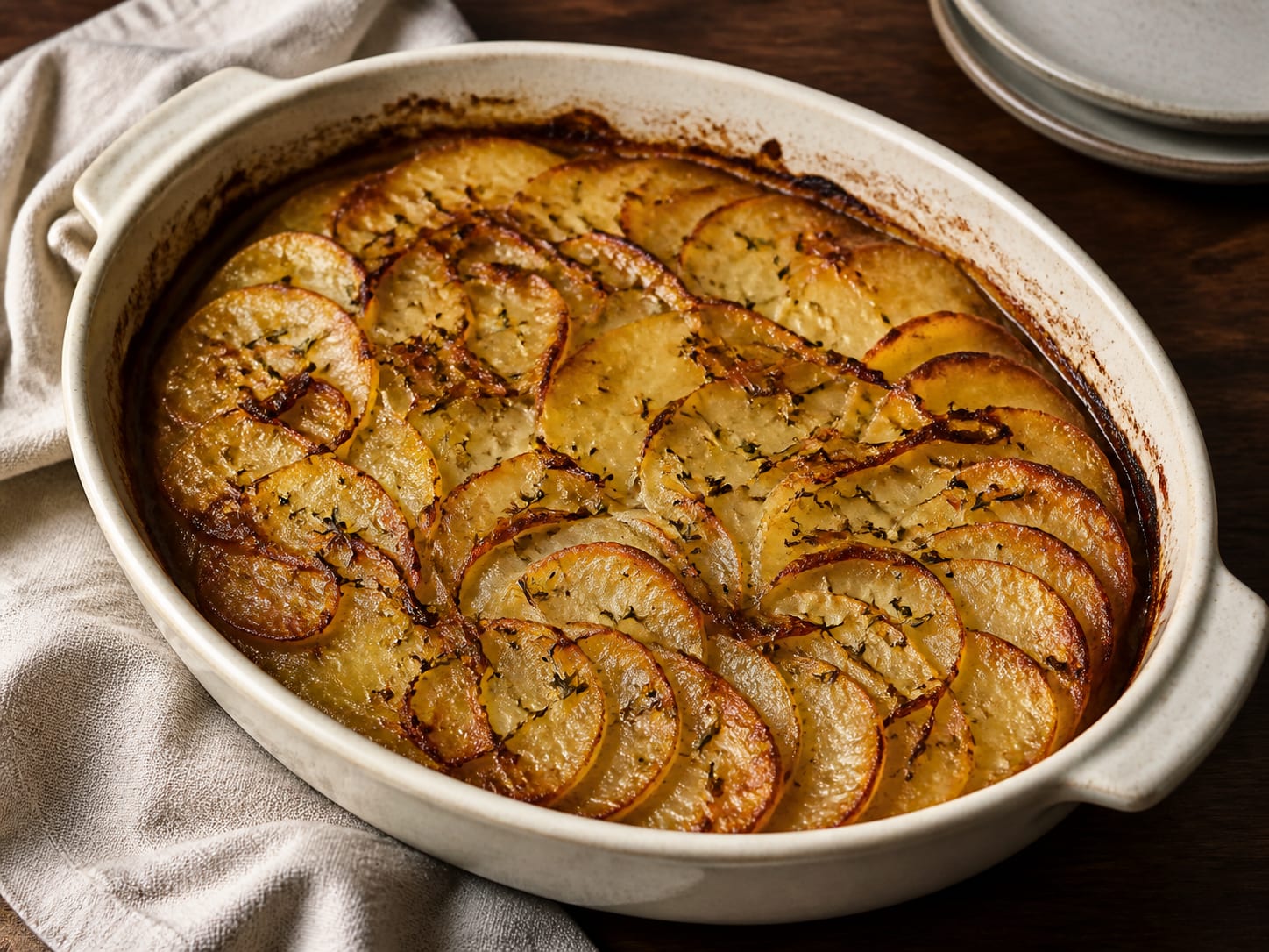 A golden rectangular boulangère potato cake with crisp layered edges, caramelised onions, and thyme