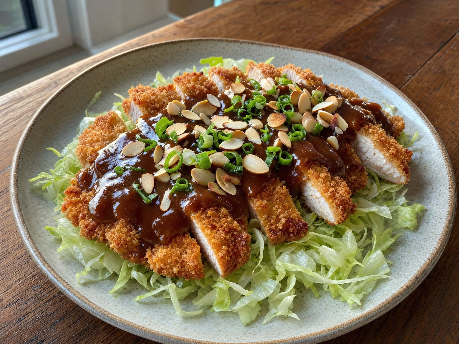 Sliced breaded chicken over shredded lettuce under dark gravy, scattered with toasted flaked almonds