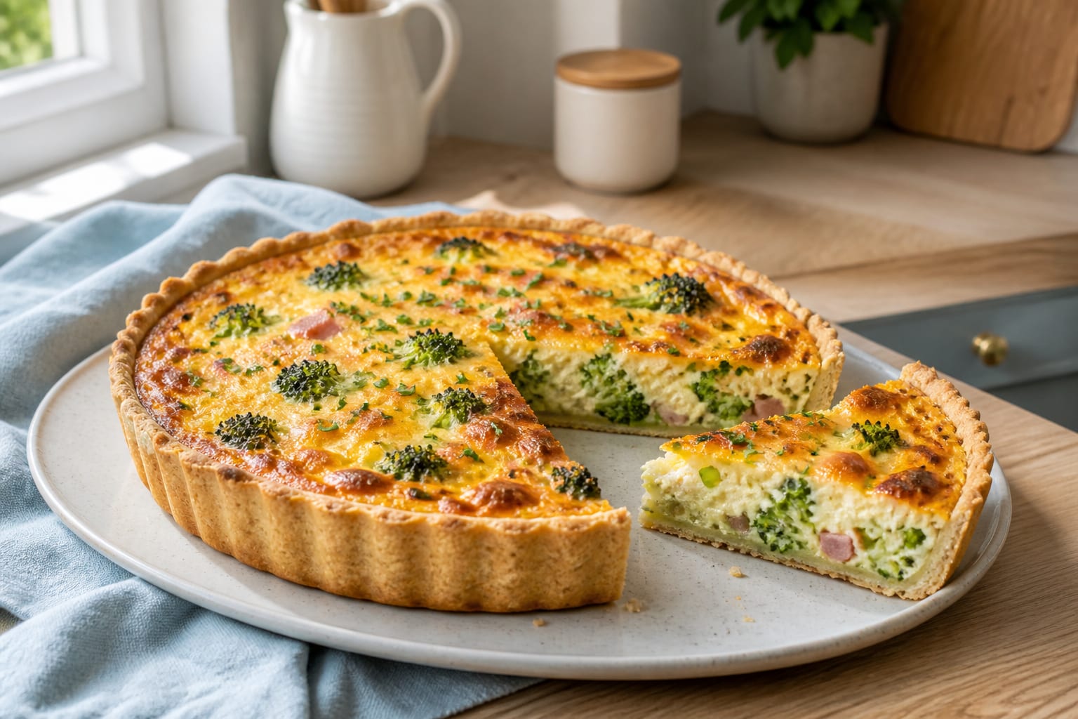 A wedge lifted from a golden broccoli and cheddar quiche on a cream plate in natural light, green florets and melted cheese set in a pale custard