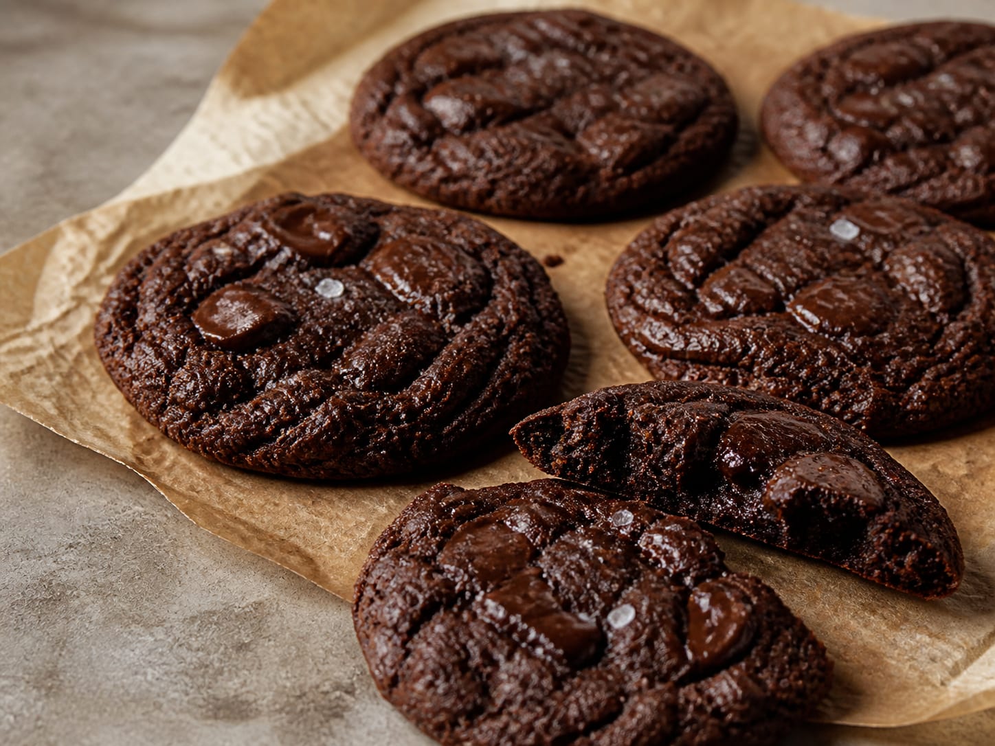 Brown-butter double chocolate cookies arranged for serving