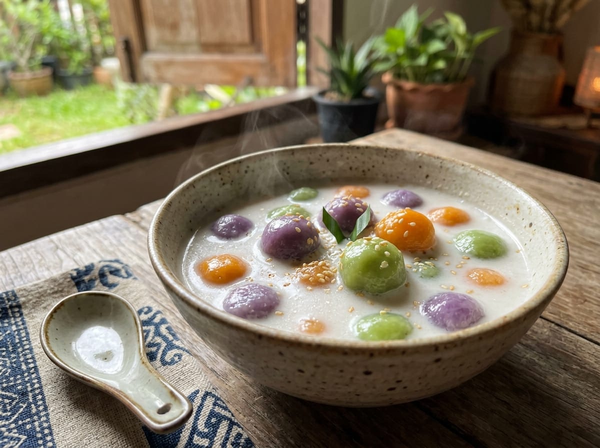 Eine Schale kleiner weißer thailändischer Reisbällchen, die in warmer Kokosmilchsauce schwimmen, garniert mit einem verknoteten Pandanblatt