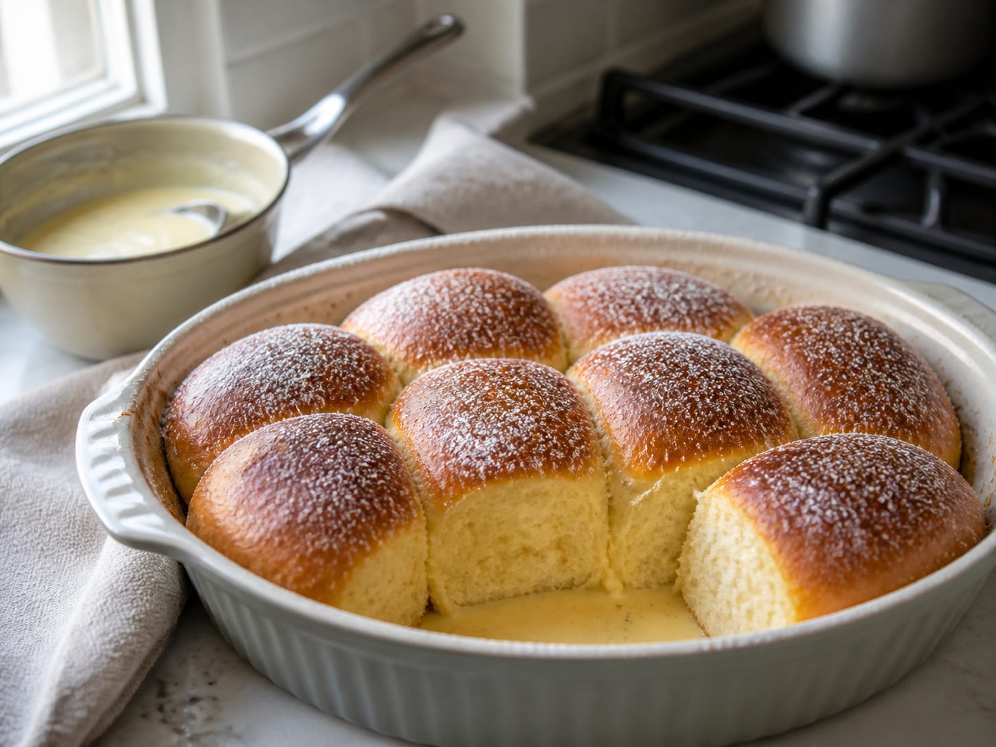 Buchteln mit Vanillesauce, zum Servieren angerichtet