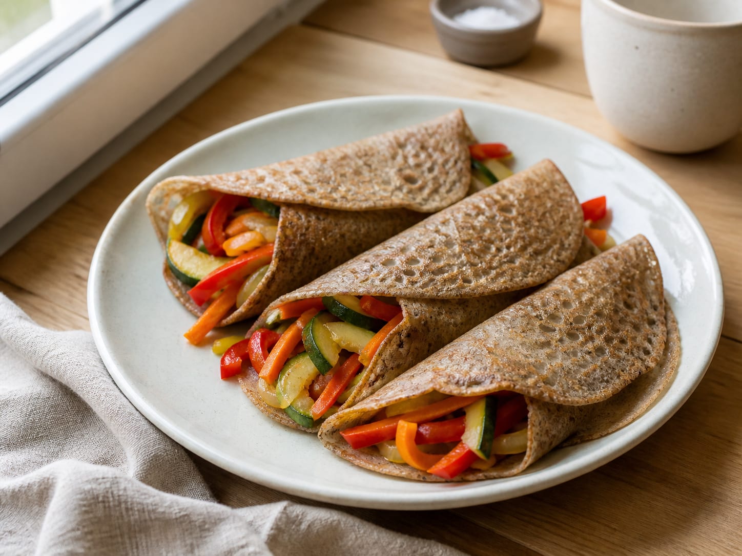 Buchweizen-Crêpes mit Lupinenmehl und buntem Gemüse, plated for serving