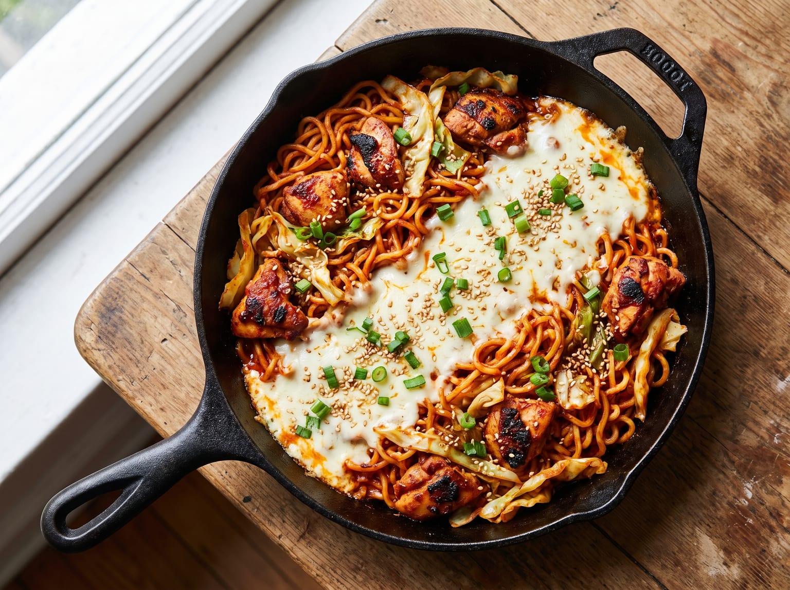 A skillet of Korean spicy chicken noodles with melted mozzarella draped over part of the pan