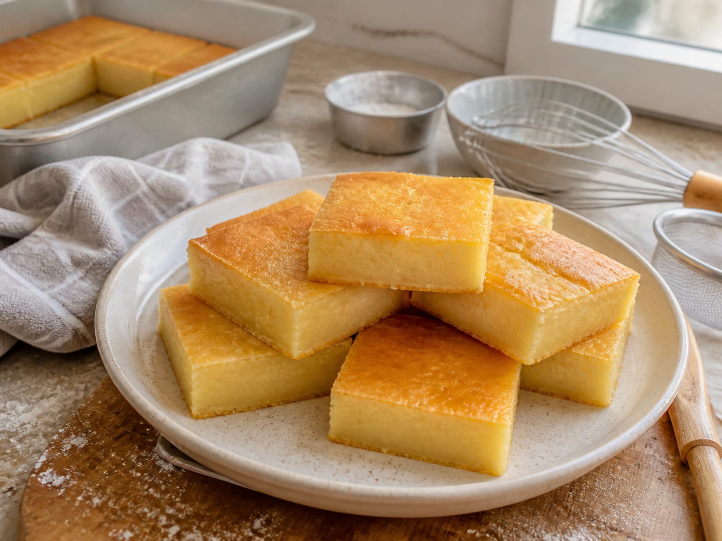 A pan of golden brown butter mochi cut into glossy, chewy squares on a wooden board
