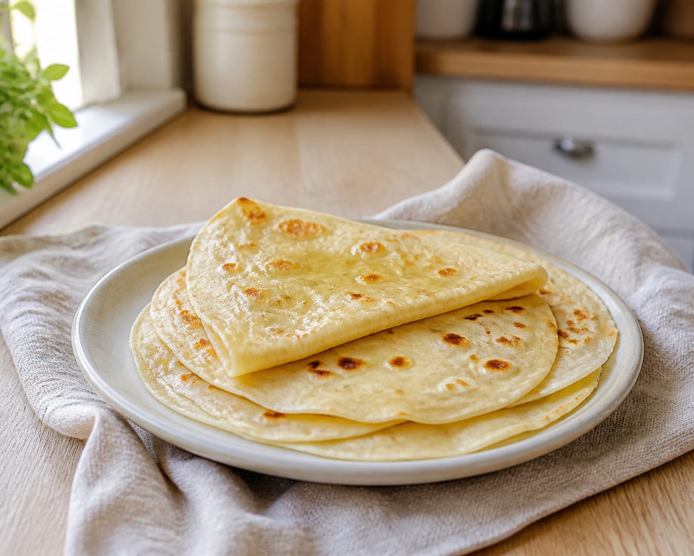 Buttered thin skillet flatbreads served as a natural-light editorial food photograph