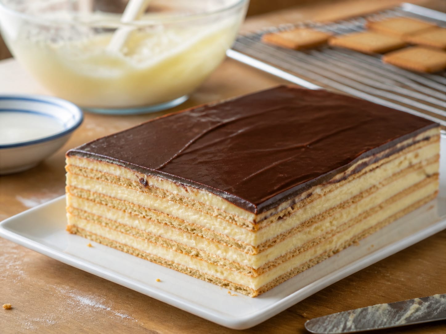 Butterkekskuchen mit Puddingfüllung, zum Servieren angerichtet