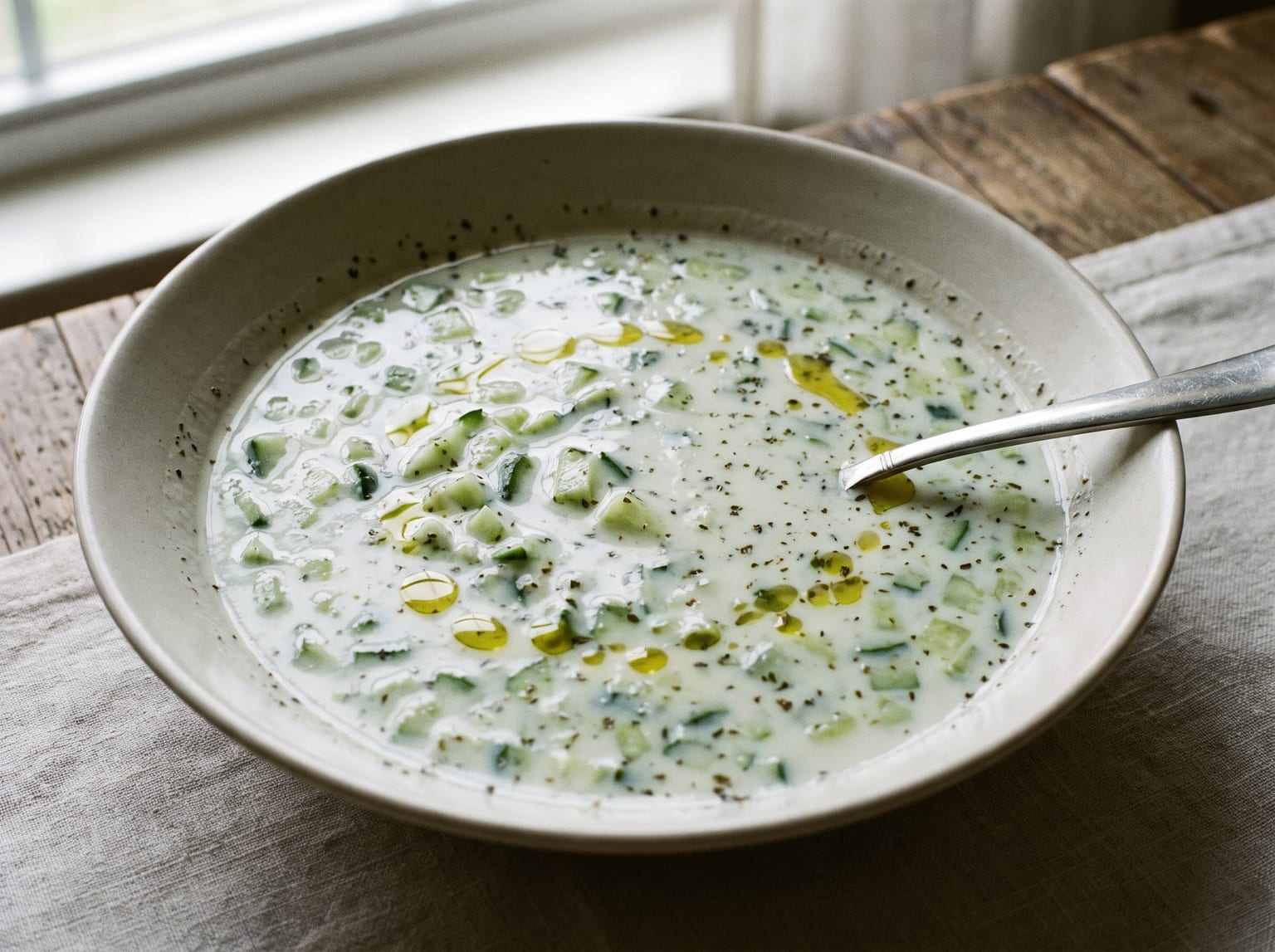 A wide shallow bowl of thin pourable Turkish cacik with finely diced cucumber suspended in it, dried mint on top and droplets of olive oil, with a spoon resting in it
