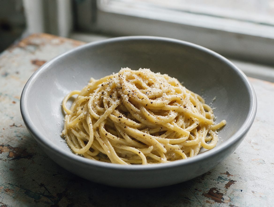Glossy tonnarelli cacio e pepe with a fine Pecorino coating and abundant toasted black pepper