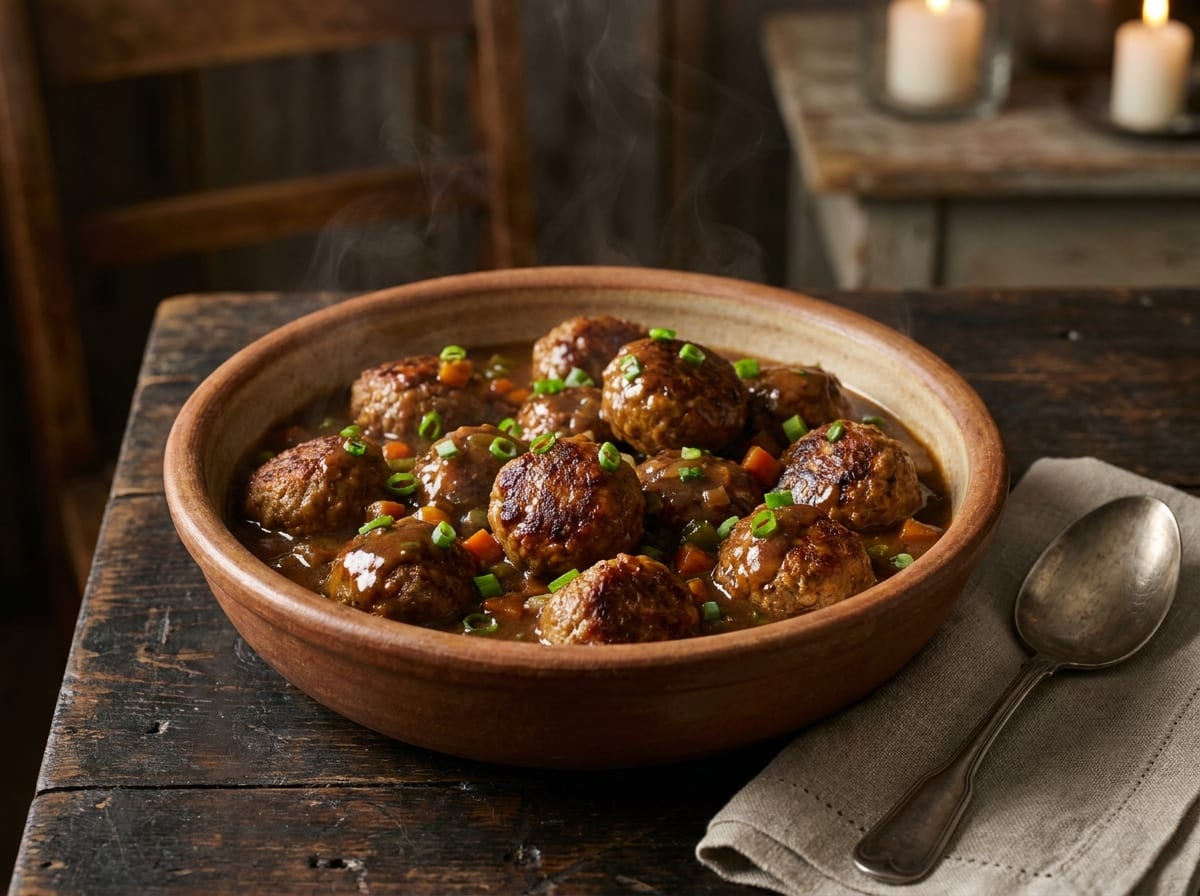 Eine rustikale Schüssel Frikadellen in dunkler Mehlschwitzensauce, mit Frühlingszwiebeln bestreut