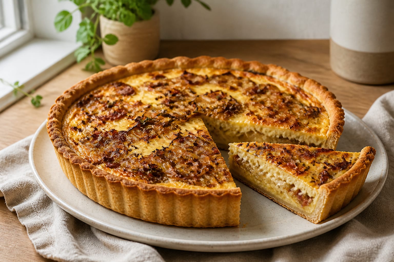 A deep golden quiche on a cream surface in natural light, a cut slice showing dark caramelized onions and melted Gruyère set in custard, thyme scattered over