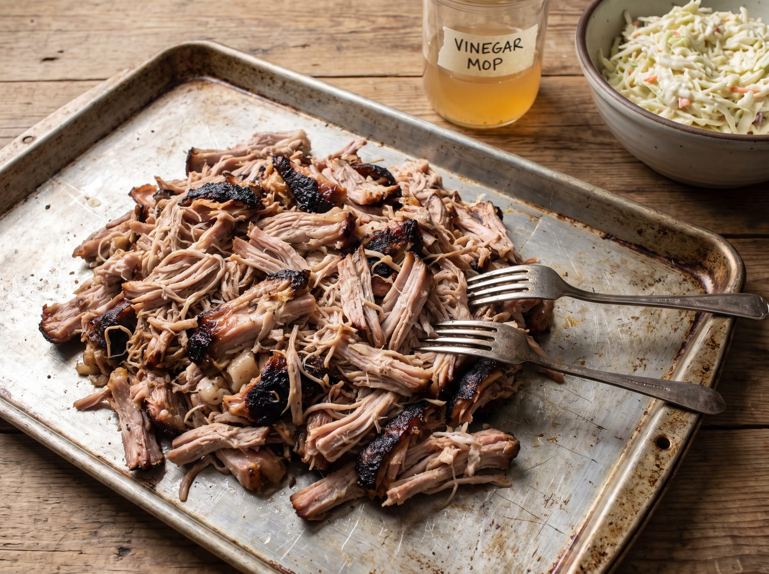 A pile of pulled pork with pale strands and dark bark pieces on a metal tray, with two forks, a jar of thin vinegar sauce and coleslaw