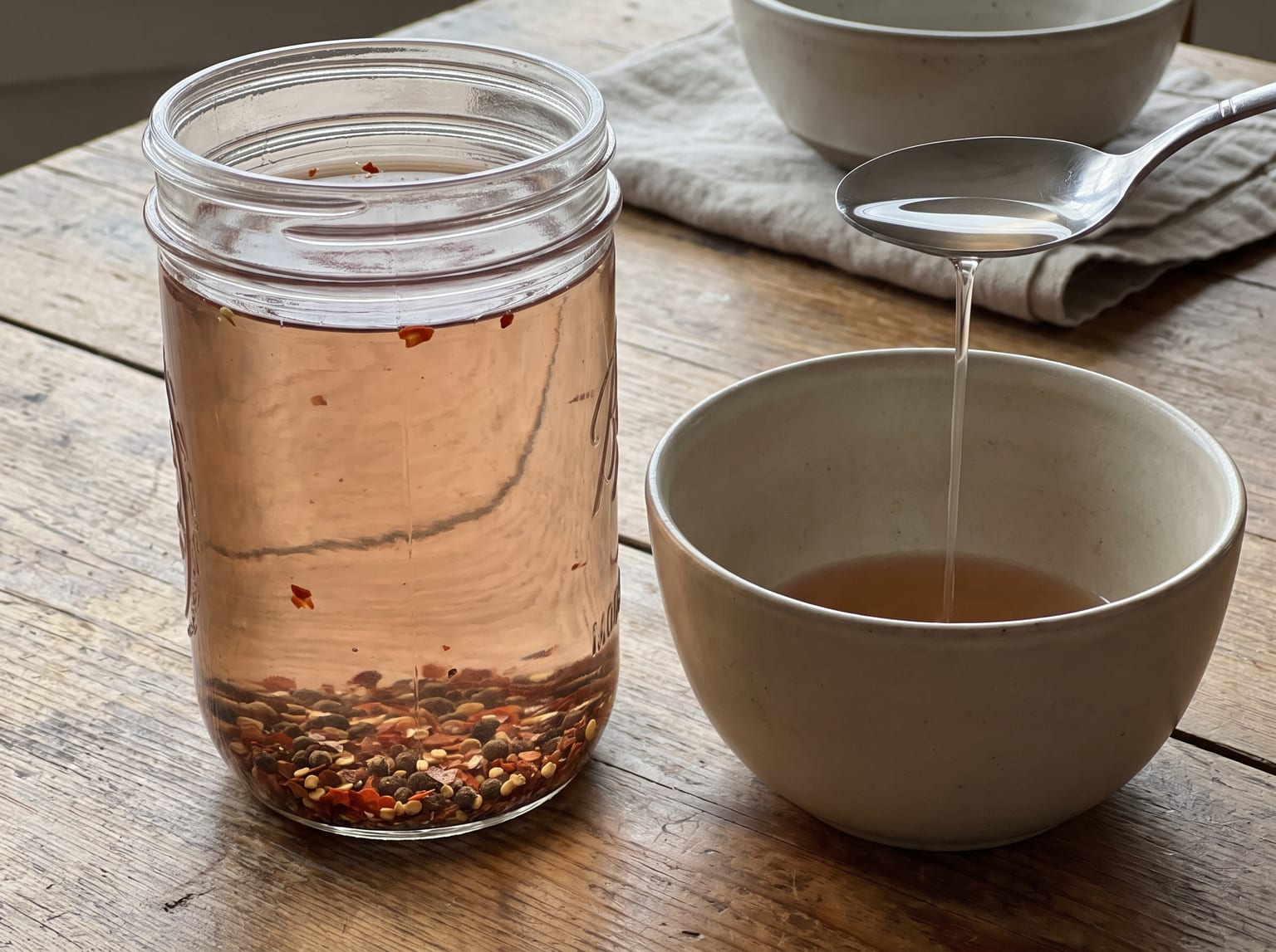 Ein Glas und eine Schale dünne dunkelrote Essig-Barbecuesauce mit Chiliflocken und grobem Pfeffer darin, deutlich wässrig statt dickflüssig