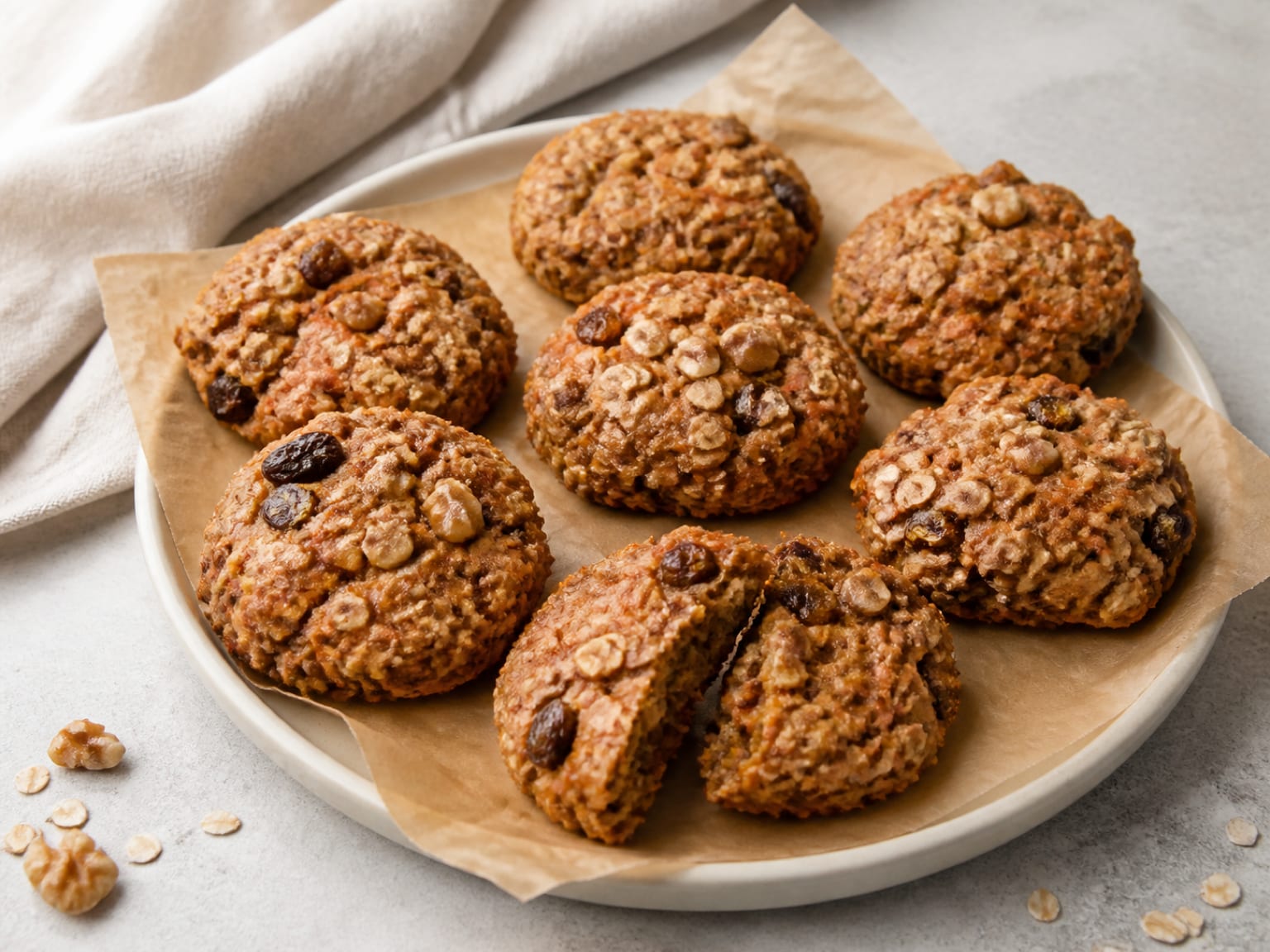 Thick carrot oat cookies with visible raisins and walnuts cooling on a rack