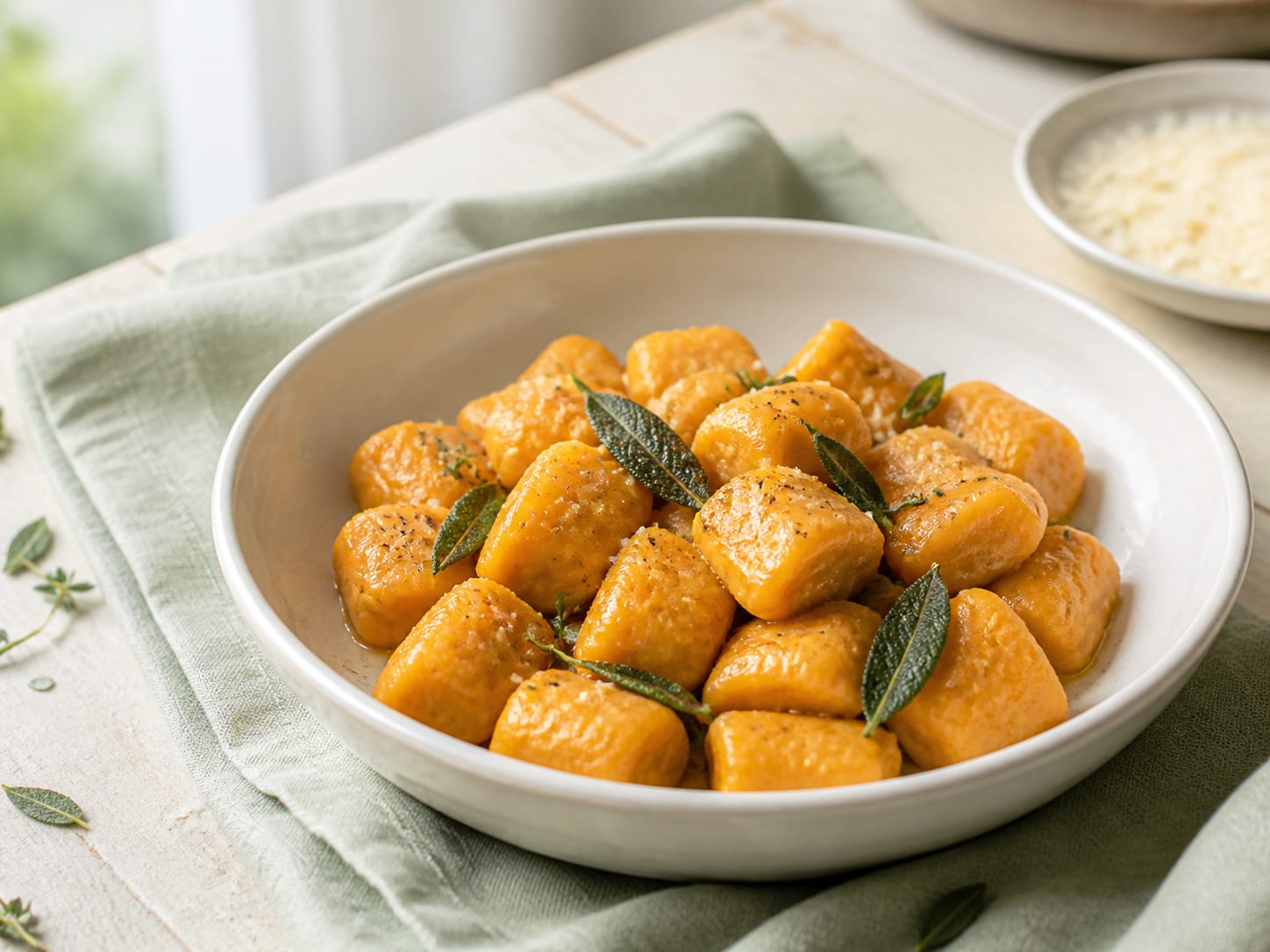 Small orange carrot buttons in a shallow cream bowl in natural light, glossy with brown butter, crisp sage leaves and thyme scattered over, grated parmesan on top