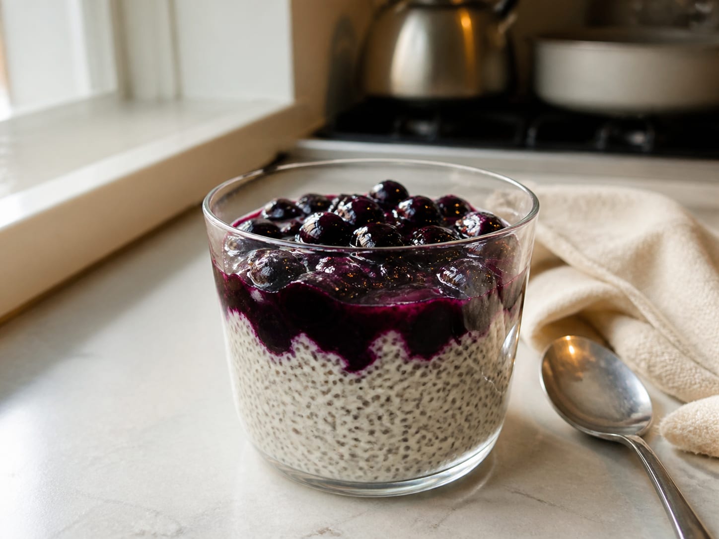 Cashew-Chiapudding mit Heidelbeermus, plated for serving