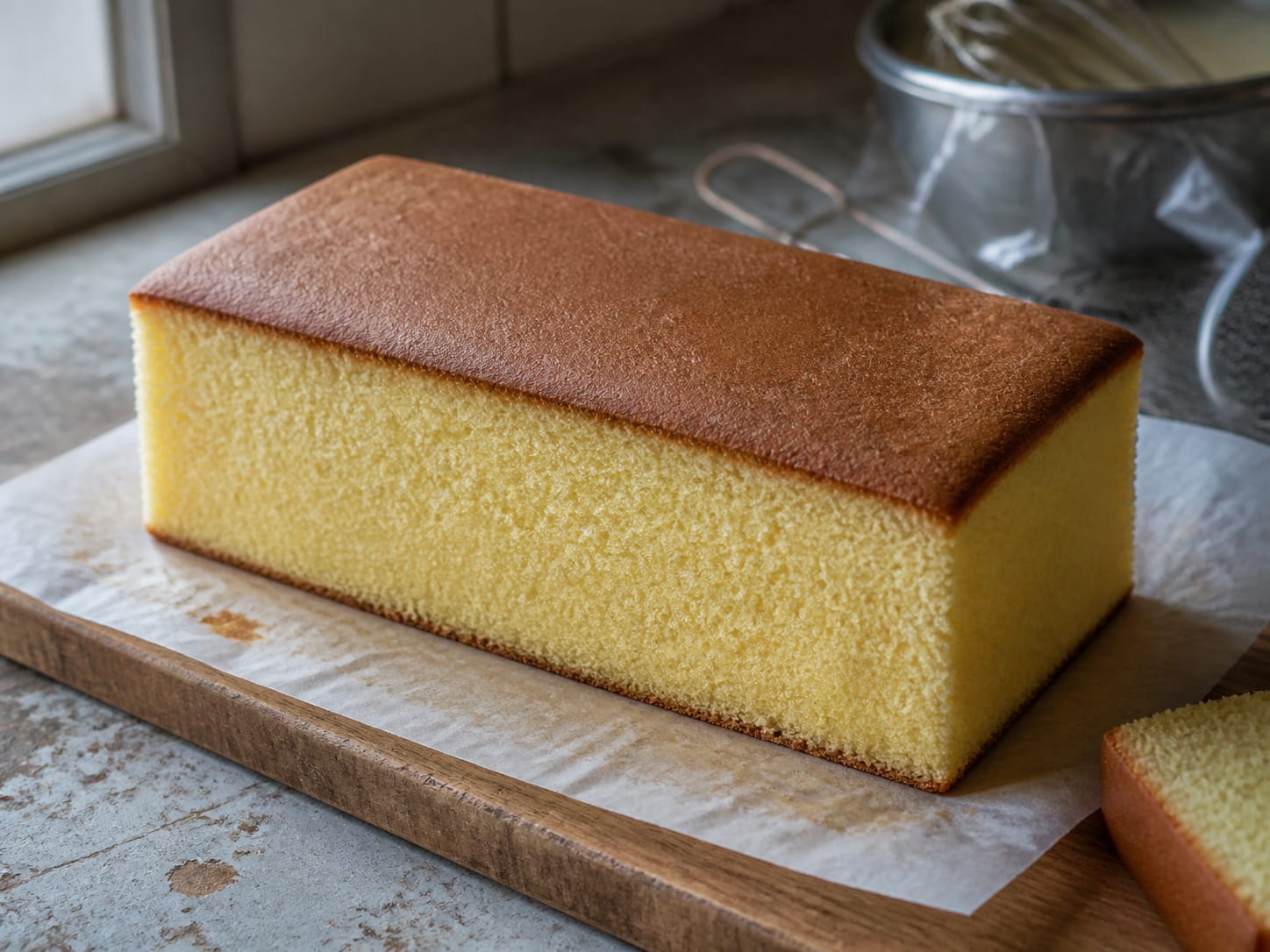 A tall loaf of Japanese castella cake, deep golden on top, with one thick slice cut to show its close, honey-coloured crumb, on a wooden board