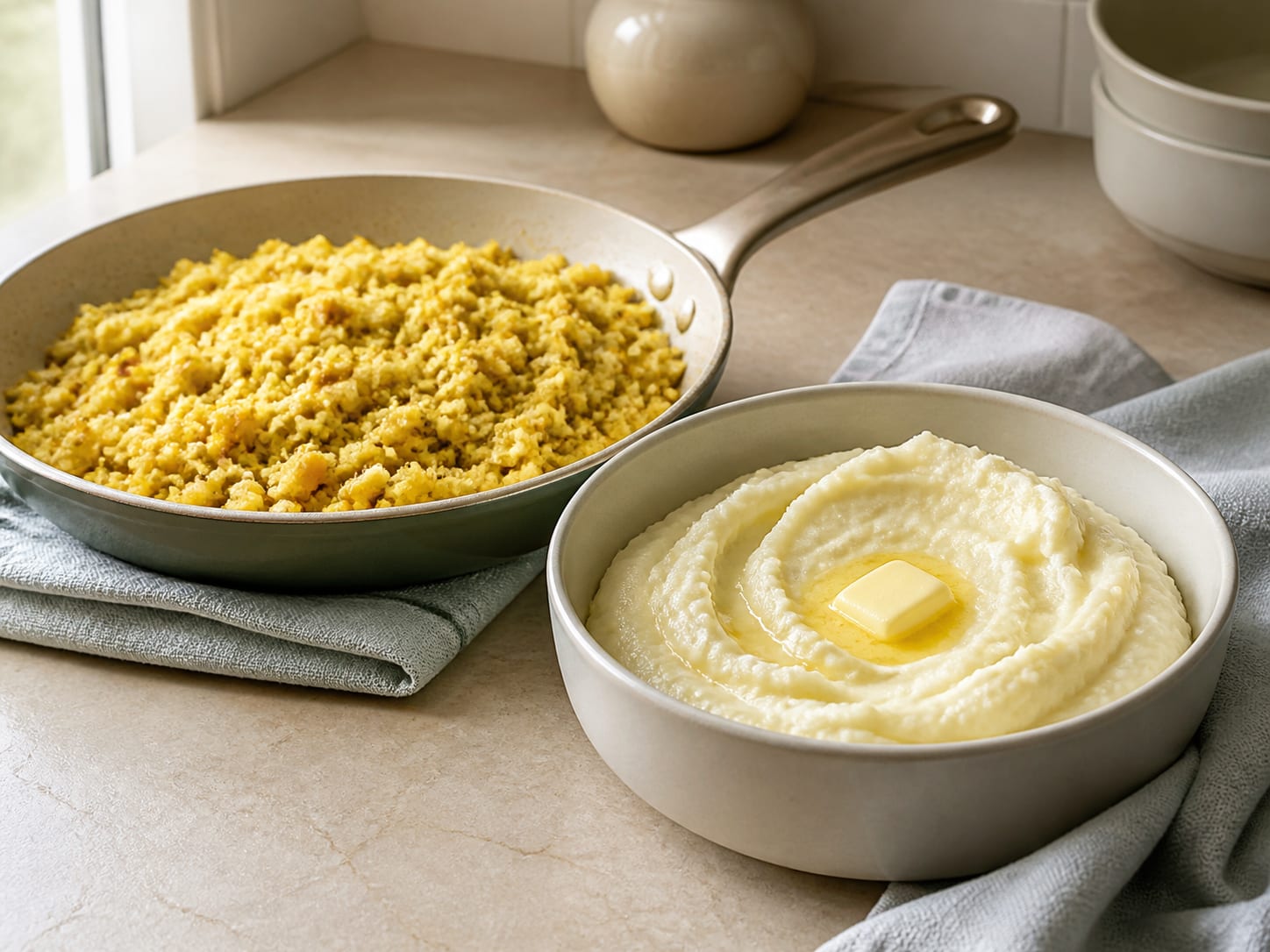 A pan of loose golden cauliflower rice beside a bowl of smooth pale cauliflower mash with butter melting into the top, on a cream worktop