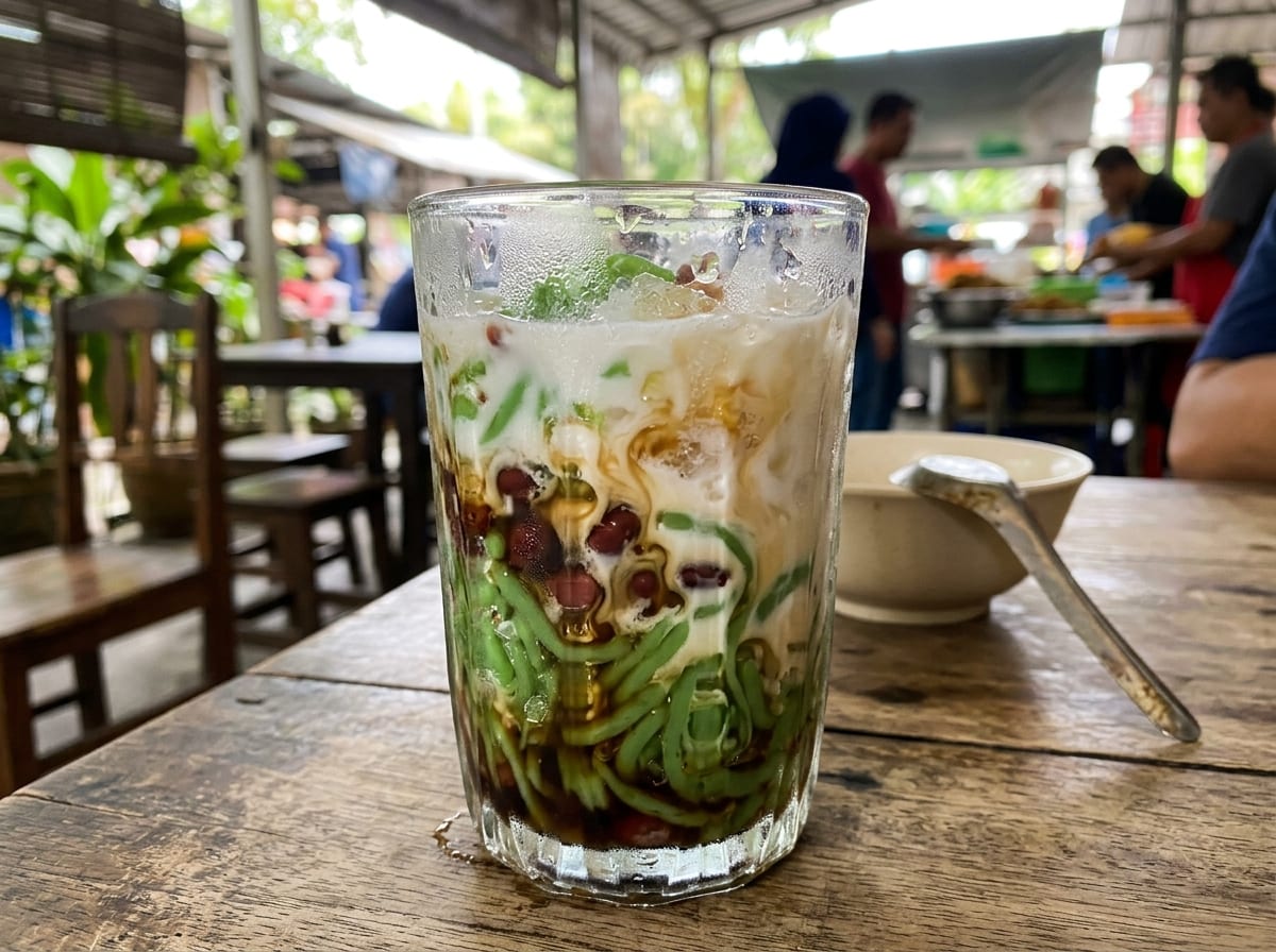 A tall glass of cendol with green pandan jelly noodles, crushed ice, thick coconut milk, and a dark drizzle of palm sugar syrup, served with a long spoon