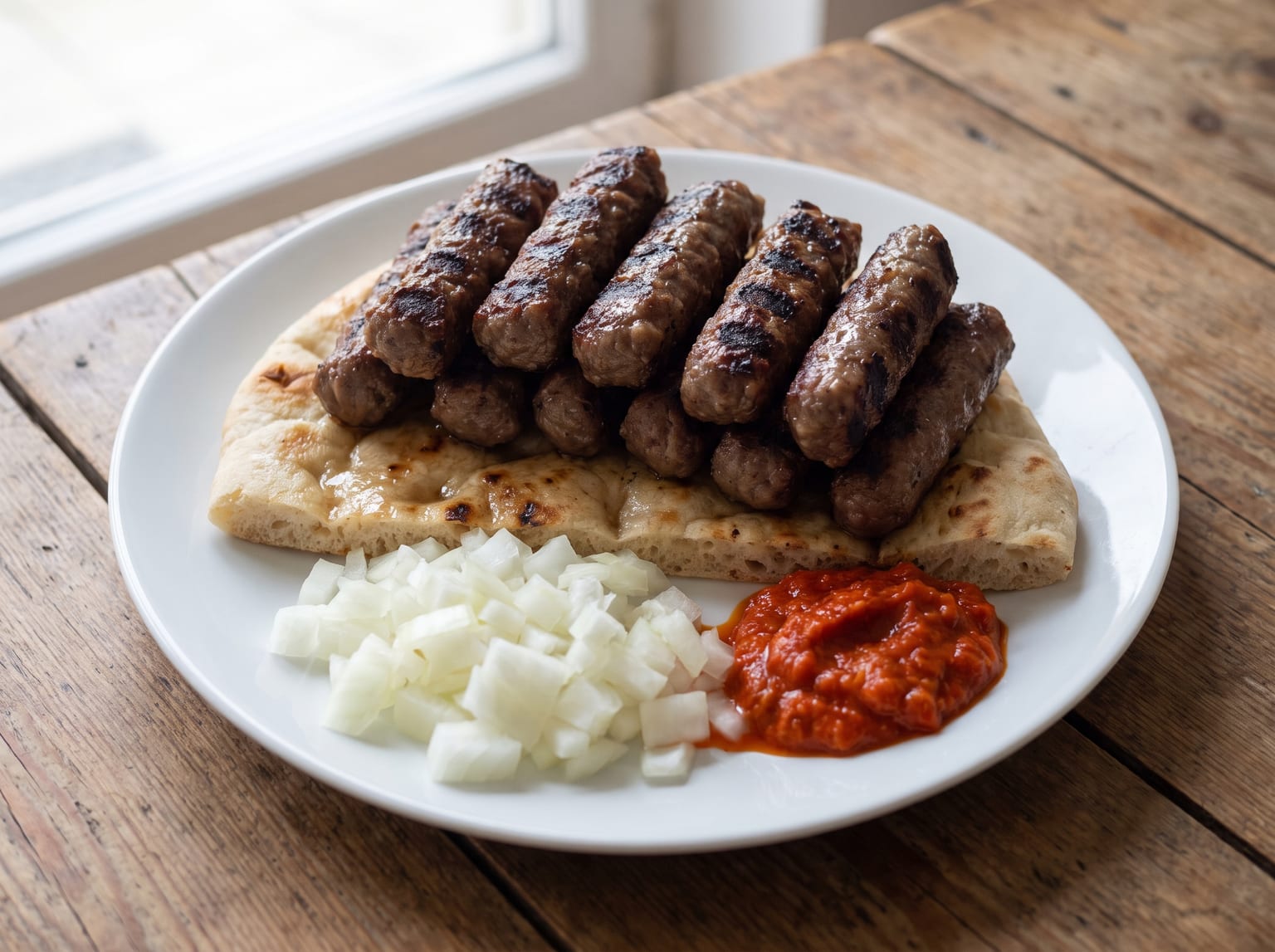 Grilled skinless beef sausages with charred stripes piled on a soft flatbread, with chopped raw onion and red pepper relish beside them