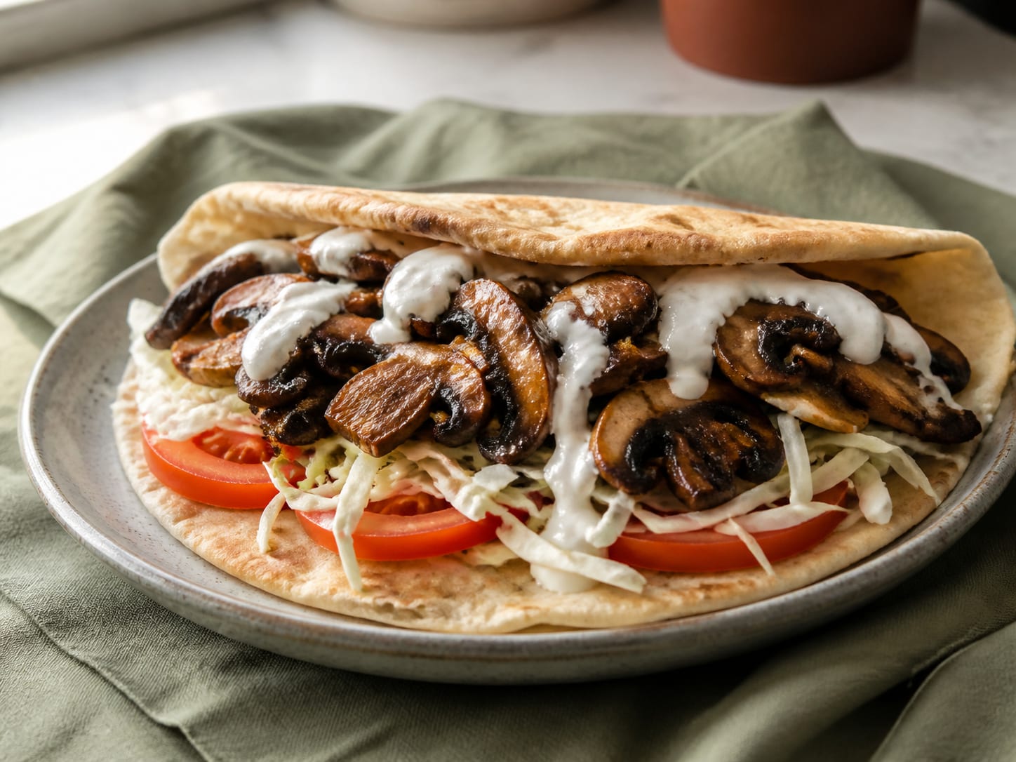 Champignon-Döner mit Knoblauchsauce, plated for serving