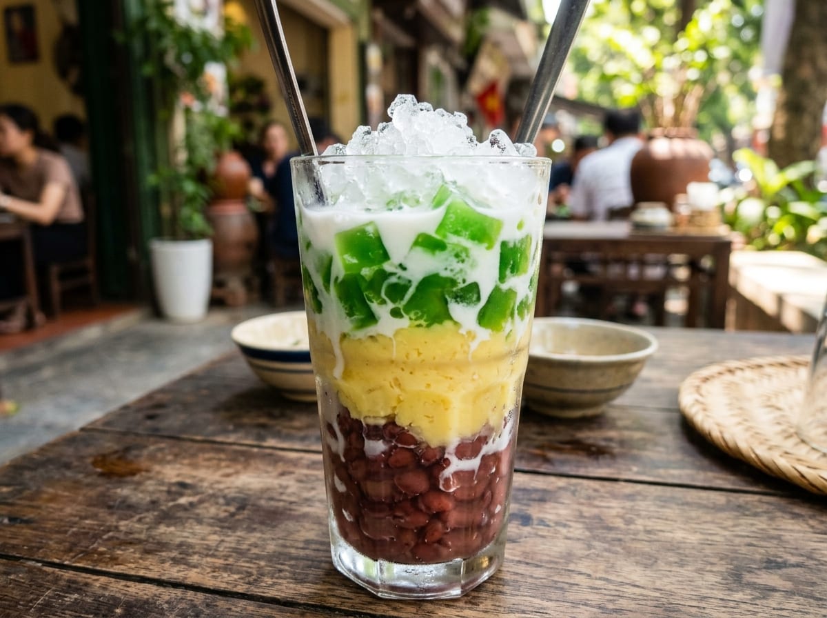 A tall glass of chè ba màu showing distinct layers of red beans, mung bean paste, and green pandan jelly cubes under crushed ice, with coconut milk poured over the top
