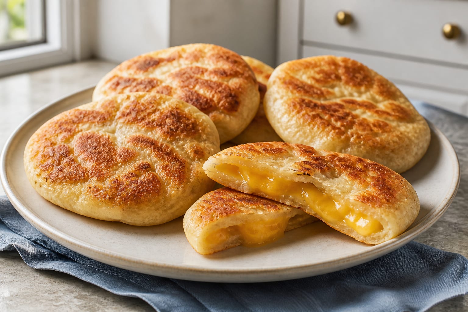 Cheddar- und Butterpfannen-Käsebrot serviert als natürliches Licht-redaktionelles Lebensmittelfoto