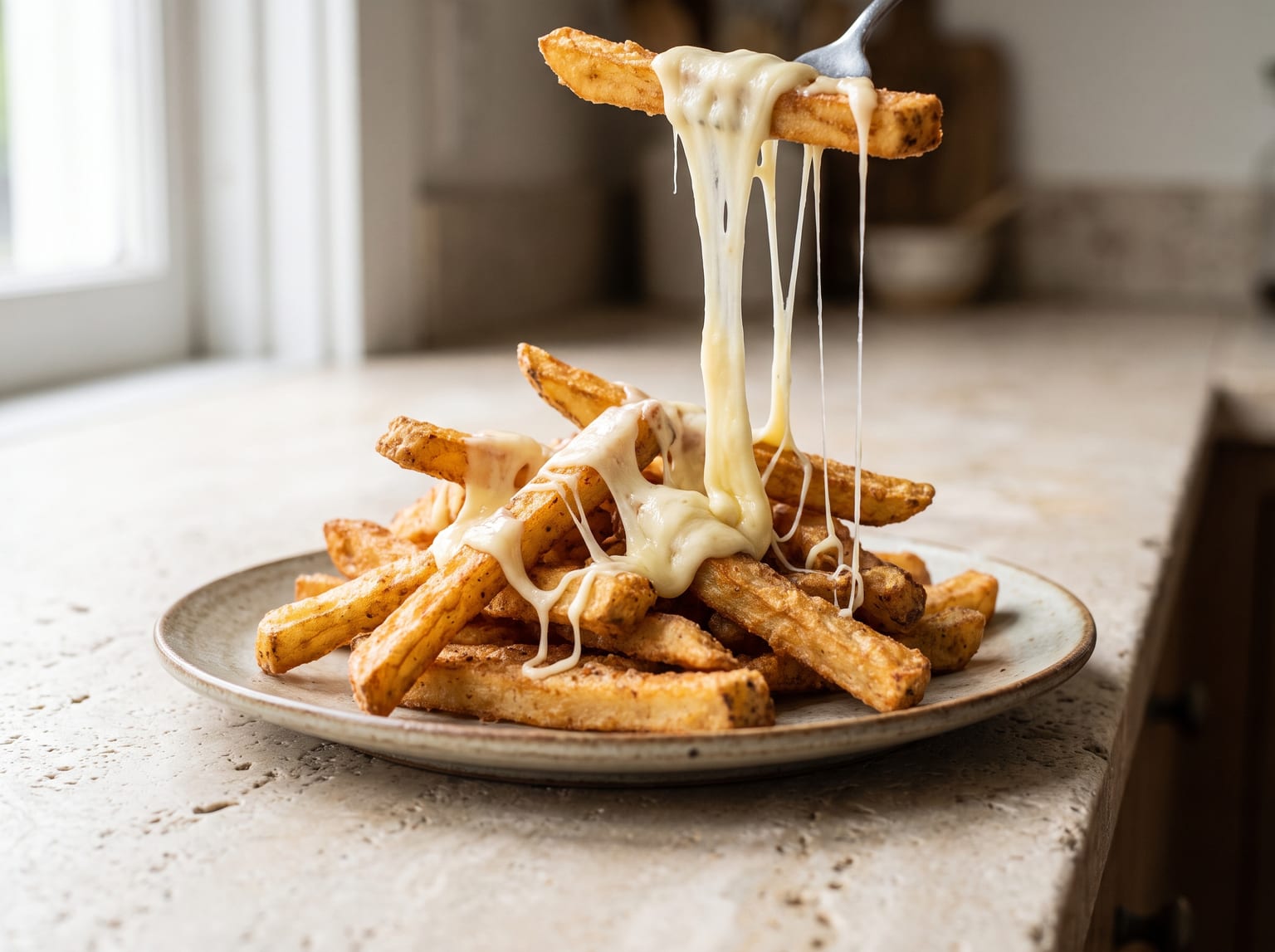 A pile of crispy fried lotus root strips with melted cheese pulling into long strings