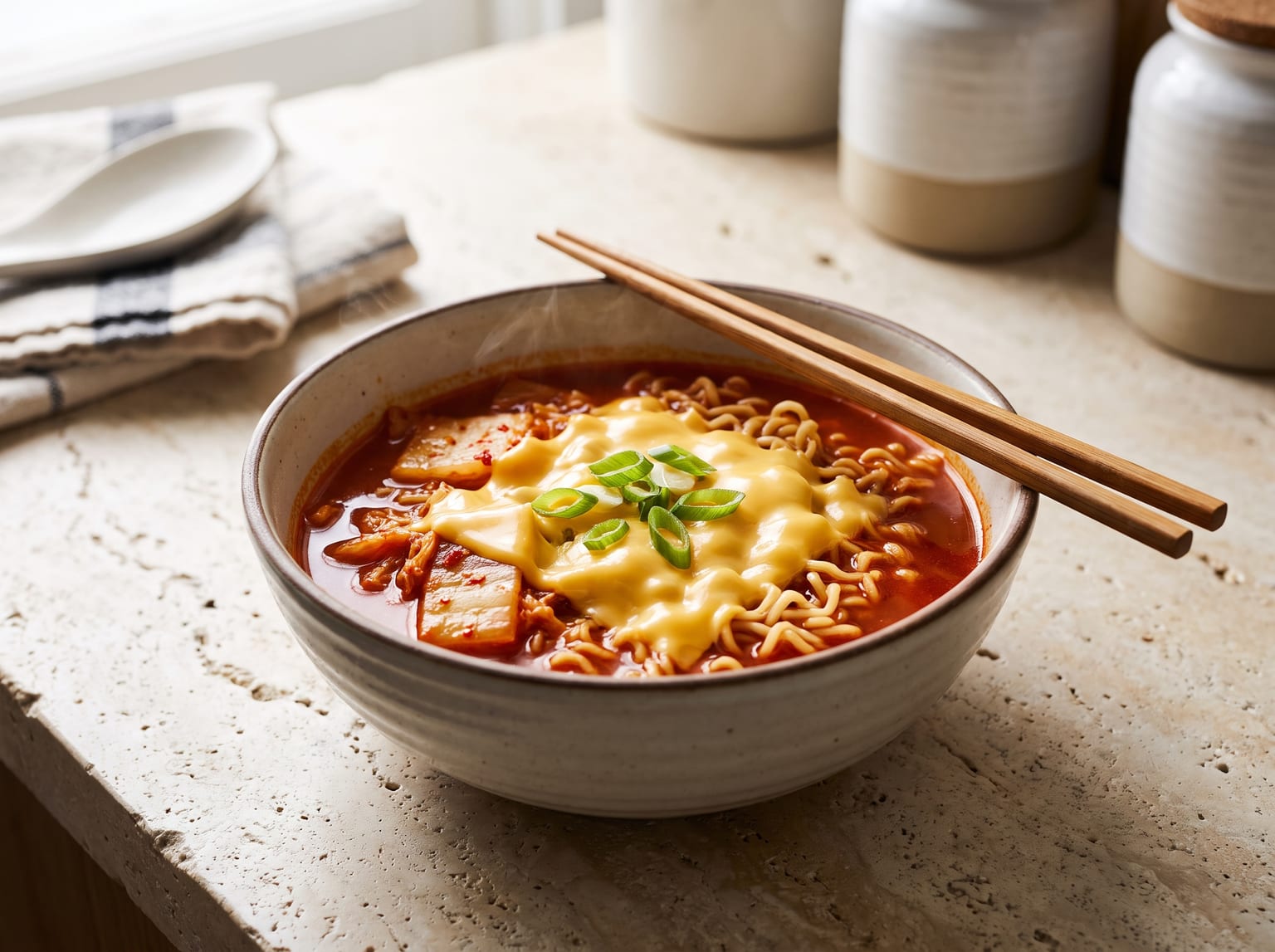 A bowl of kimchi ramen noodle soup with a slice of melted cheese draped over the top