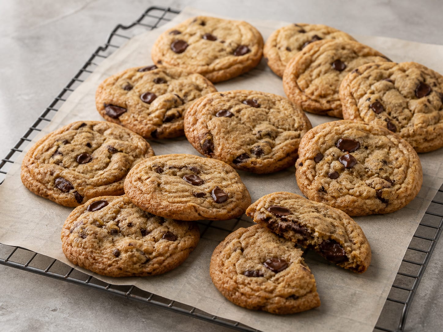 Chewy chocolate chip cookies arranged for serving