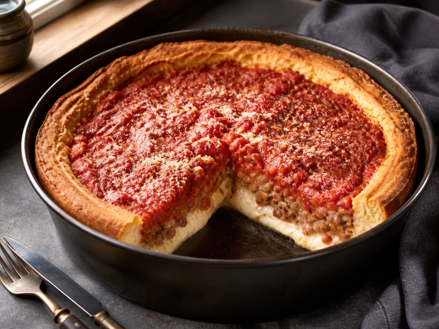 A tall wedge of Chicago deep-dish pizza with sliced mozzarella below one filling and chunky tomato sauce on top