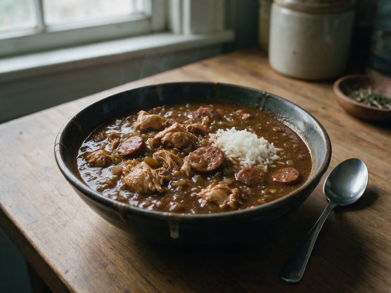 Deep brown gumbo with chicken pieces, browned andouille coins, finely integrated trinity, and a modest scoop of white rice