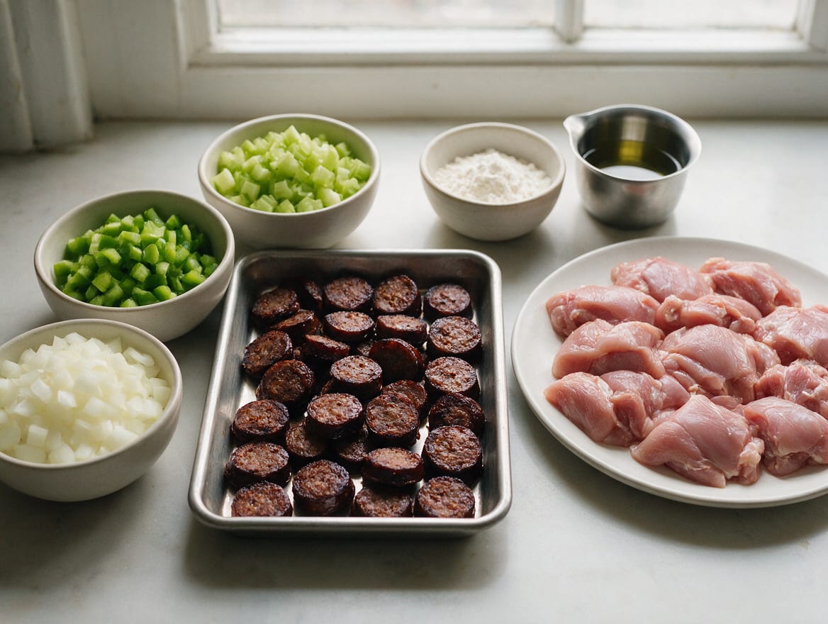 Diced onion, green pepper, and celery beside chicken pieces and sliced andouille for gumbo
