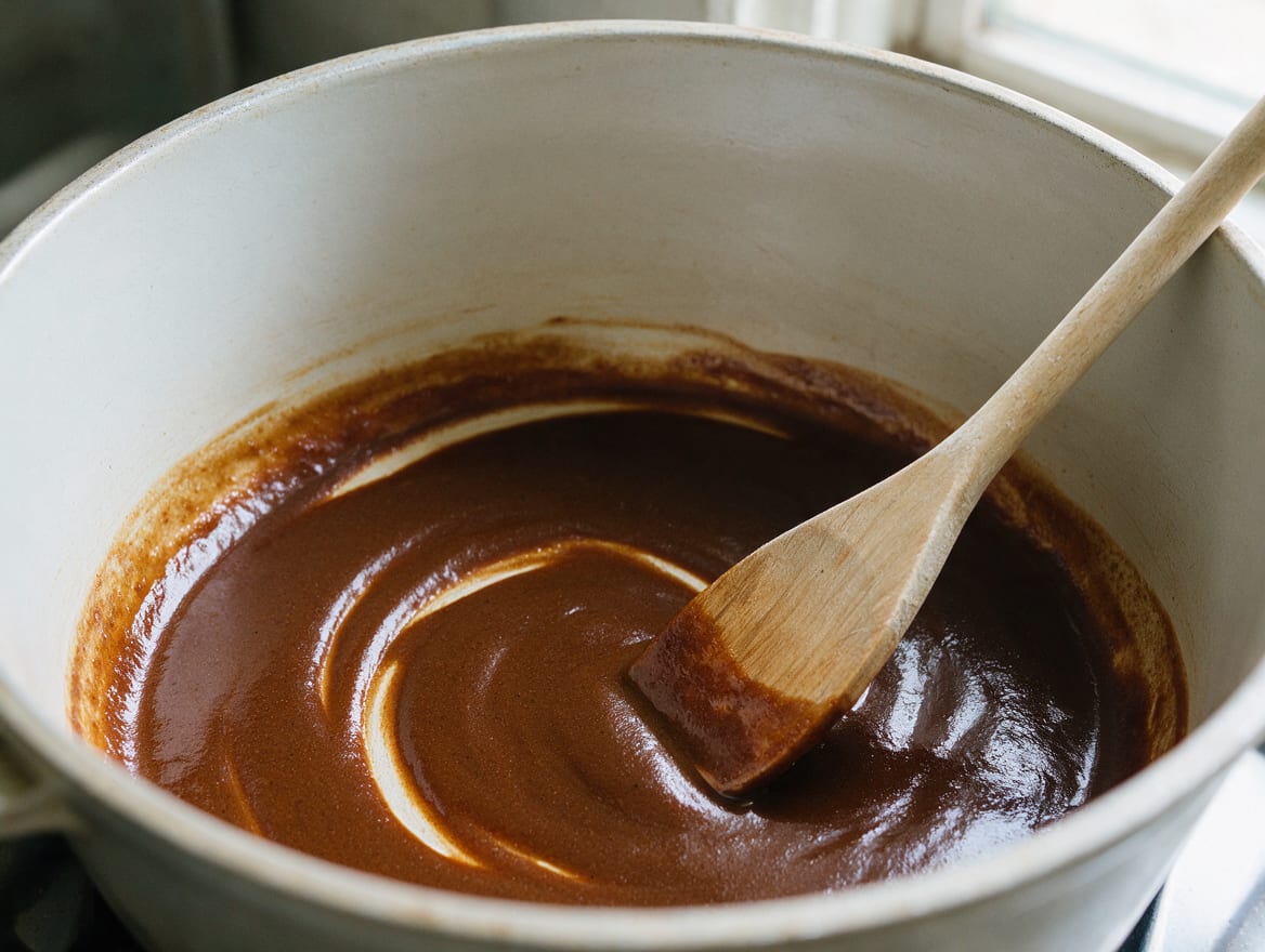 Deep mahogany oil roux coating the bottom of a pale pot