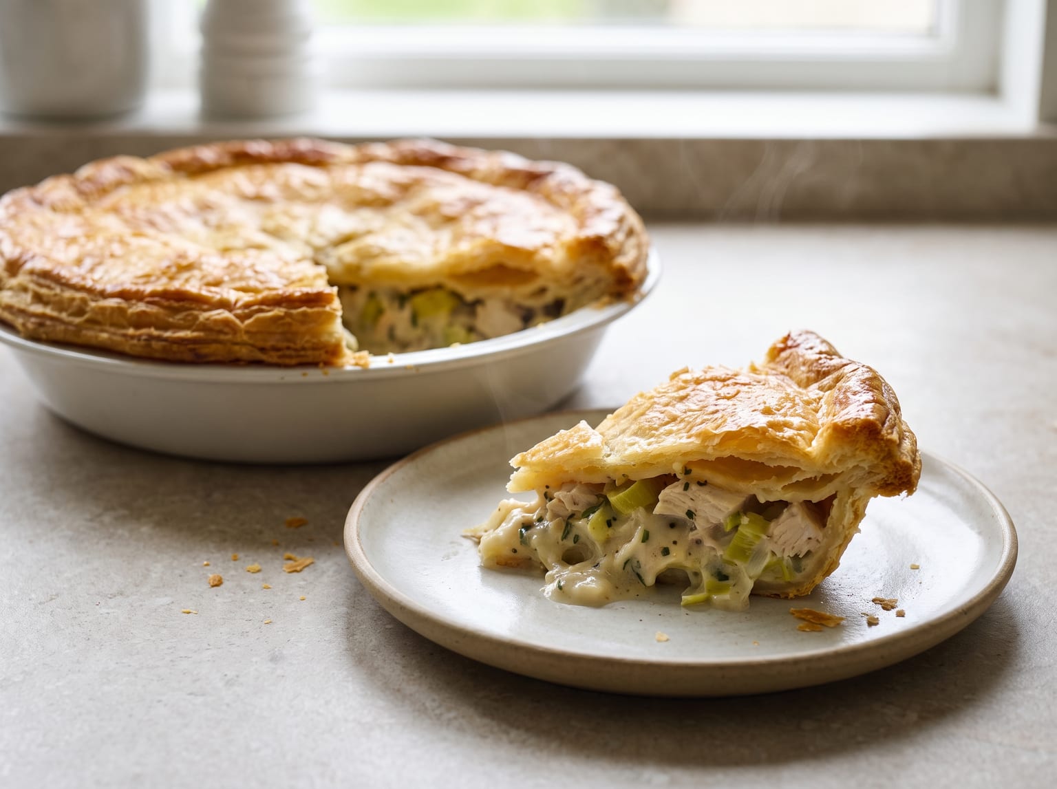 A slice of chicken and leek pie showing creamy filling with visible chicken pieces and leek rings