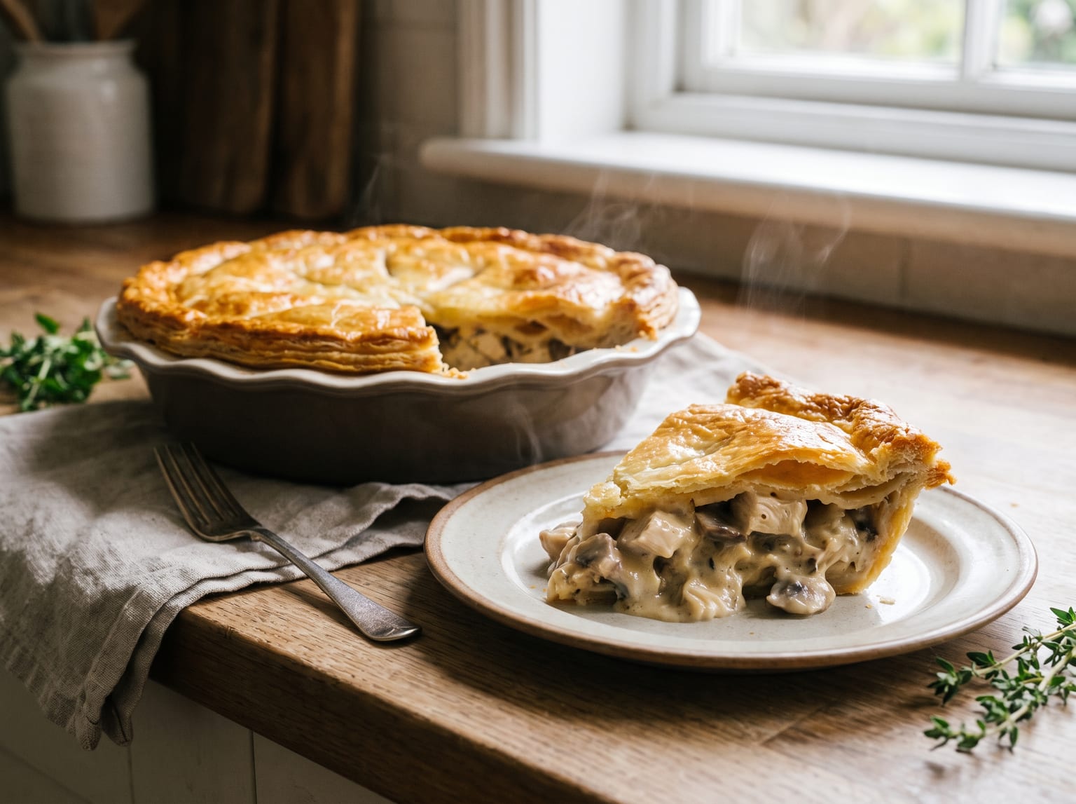 A slice of chicken and mushroom pie showing a creamy filling with chicken pieces and mushrooms under a golden puff pastry lid