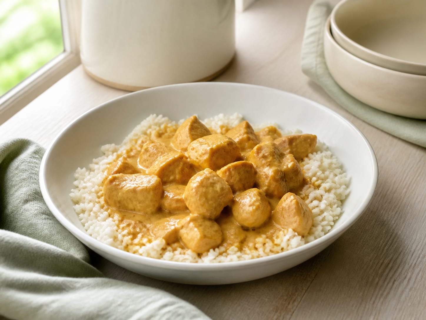 A pale golden coconut curry with cubes of chicken spooned over white cauliflower rice in a cream bowl, natural light