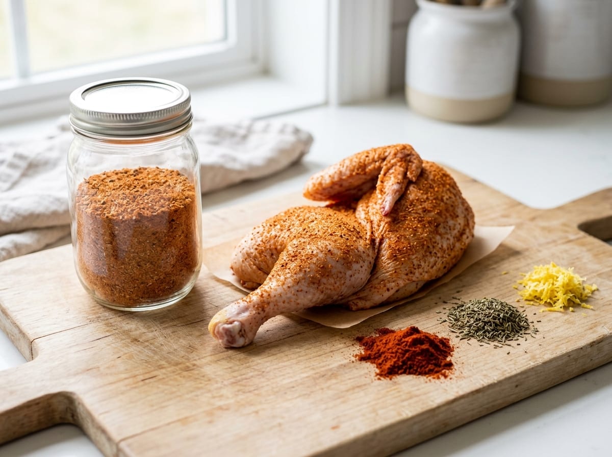 Ein Glas ziegeloranger Hähnchen-Rub neben einer rohen Hähnchenhälfte, gleichmäßig damit bestäubt, dazu kleine Häufchen Paprika, Thymian und Zitronenschale auf einem Brett