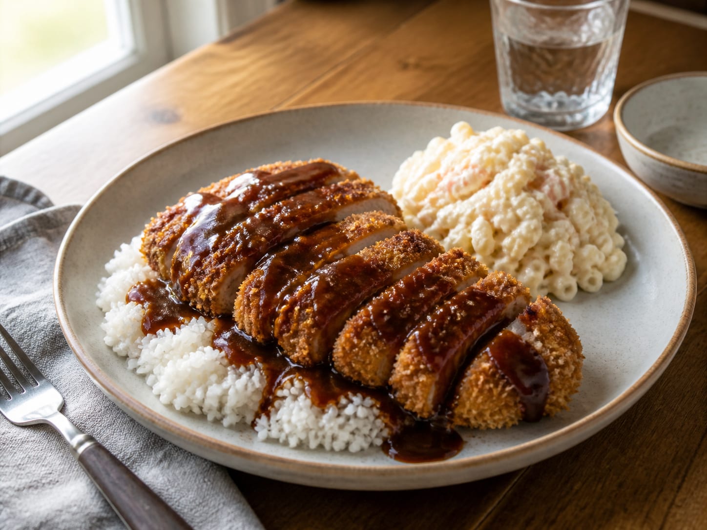 Sliced panko-crusted chicken katsu fanned over rice with katsu sauce, next to a scoop of creamy mac salad on a plate lunch tray