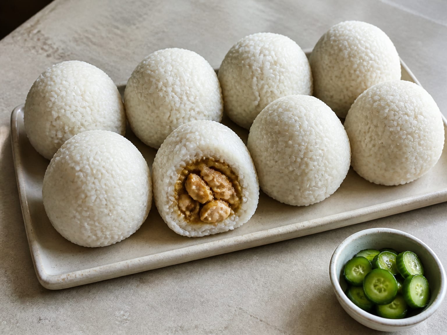 Acht kompakte weiße Reisbällchen mit sichtbarer goldbrauner Hähnchen-Satay-Füllung und einem kleinen separaten Behälter mit Gurken-Pickle