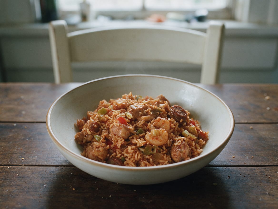 Relativ trockenes rotbraunes Reisgericht mit einzelnen Körnern, Hähnchen, rosa Garnelen und gebräunter Andouille im ganzen Topf