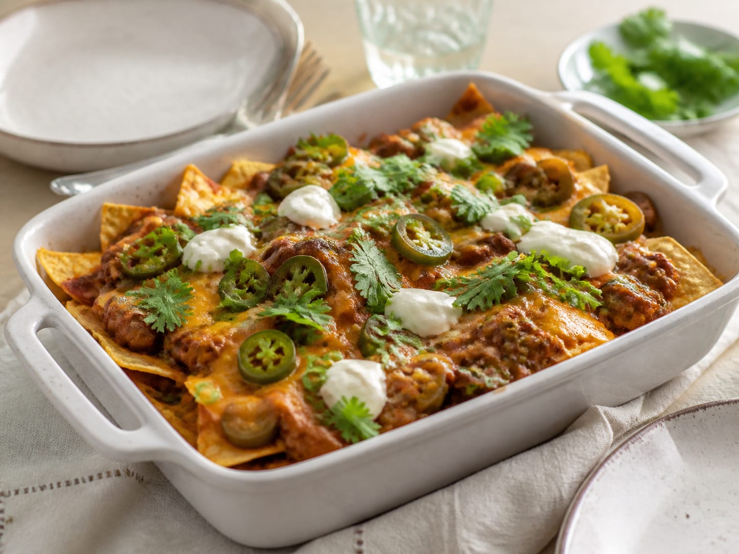Chili-Cheese-Nachos, zum Servieren angerichtet