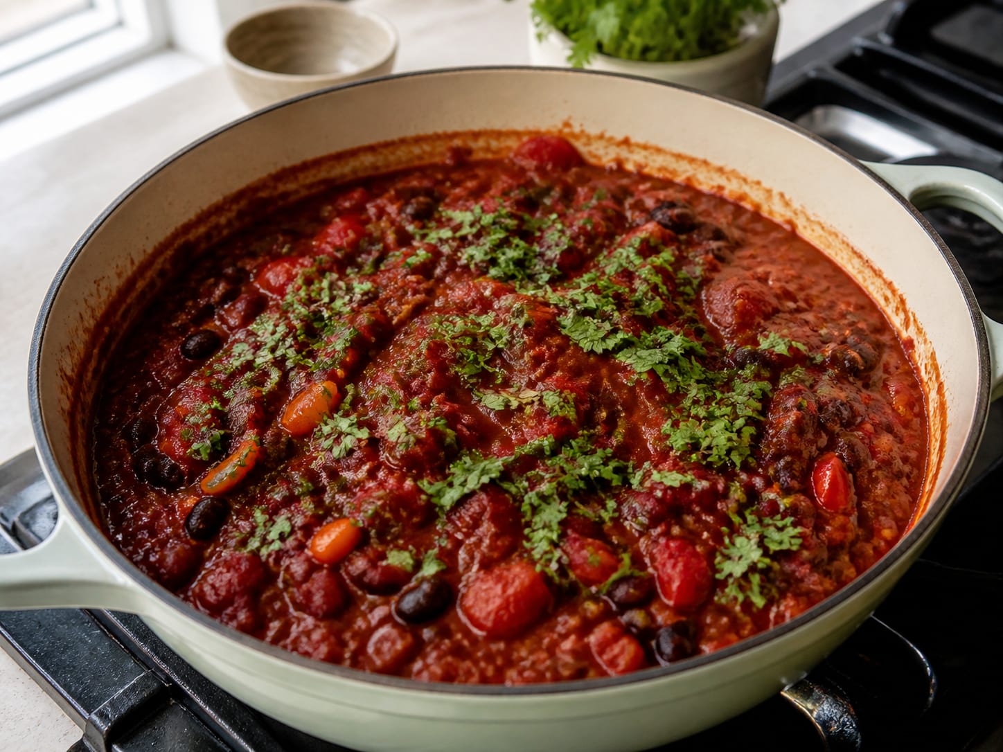 Chili sin Carne, plated for serving