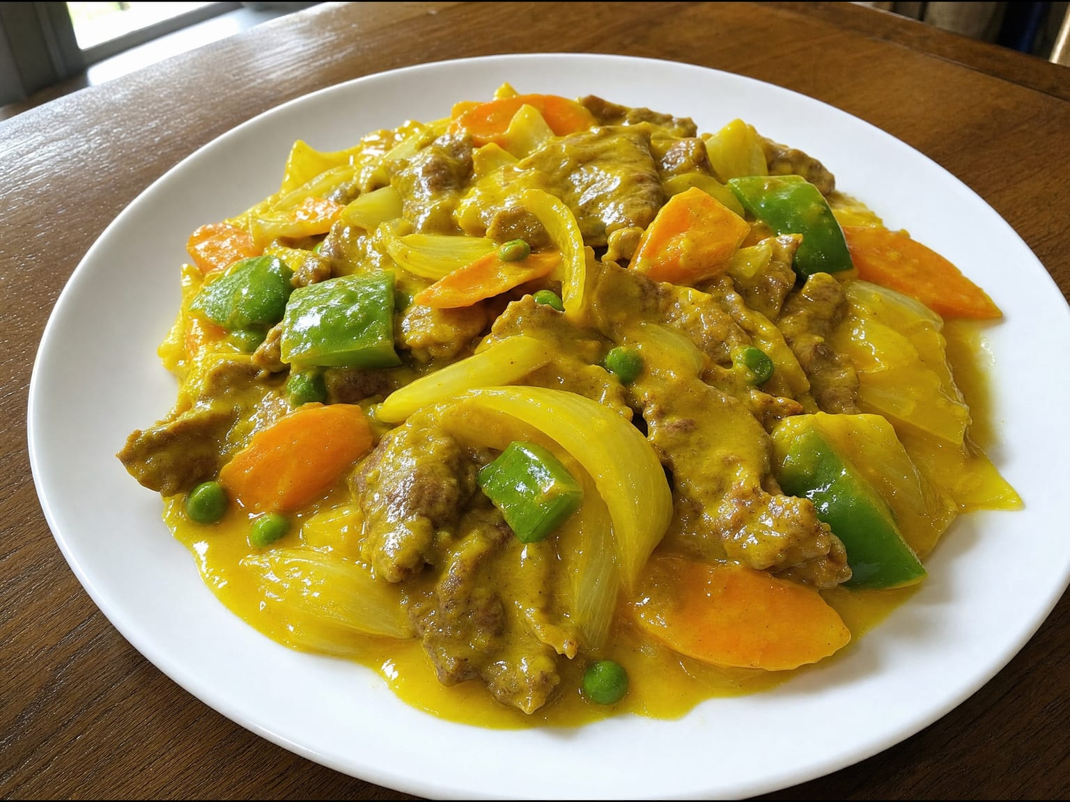 Sliced beef with onion wedges, carrot and pepper in a glossy yellow Chinese curry sauce
